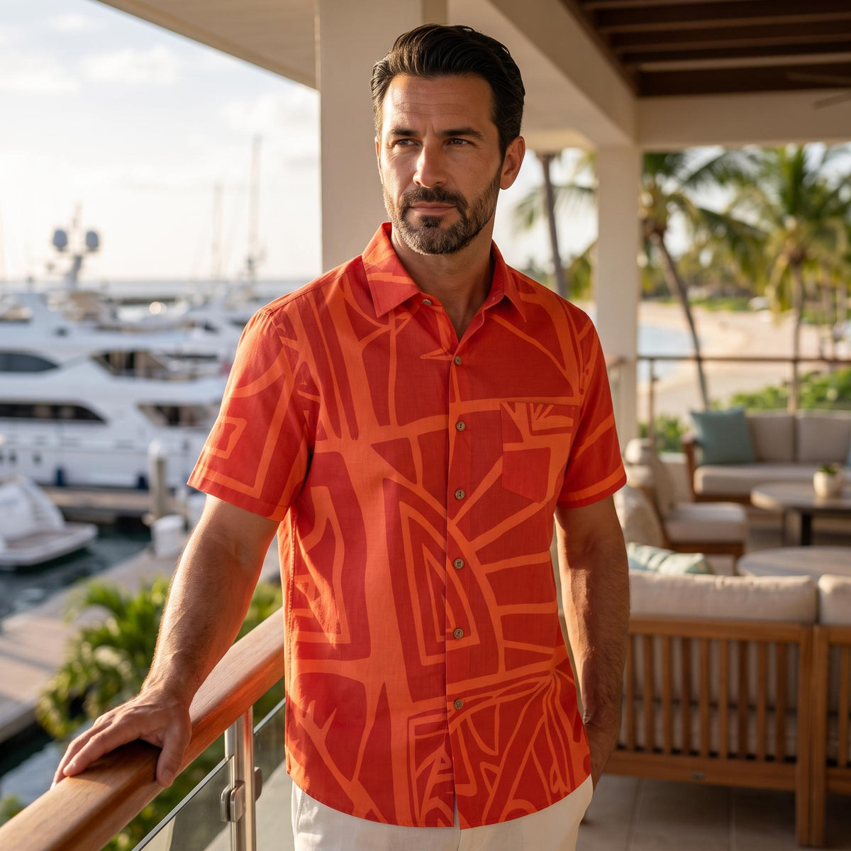 LeosWare® Men's Hawaiian Shirt Short Sleeve Button-up 95% Polyester, 5% Spandex Aloha Ember Tiki