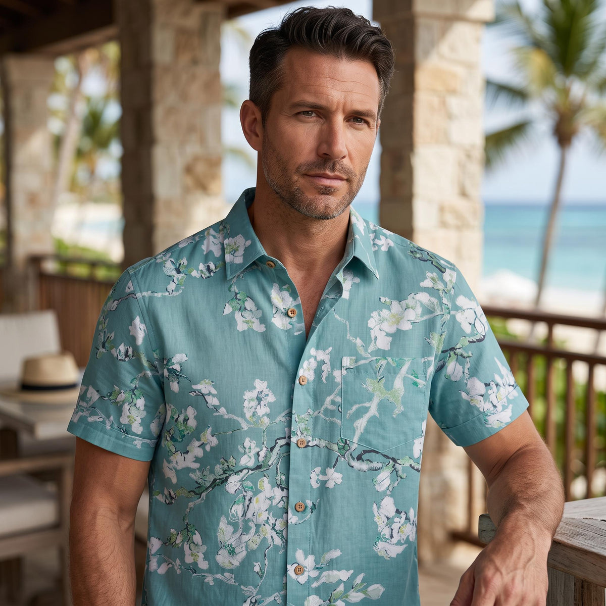 LeosWare® Men's Hawaiian Shirt Short Sleeve Button-up Breathable & Quick-Dry Aloha Blossom In Silence