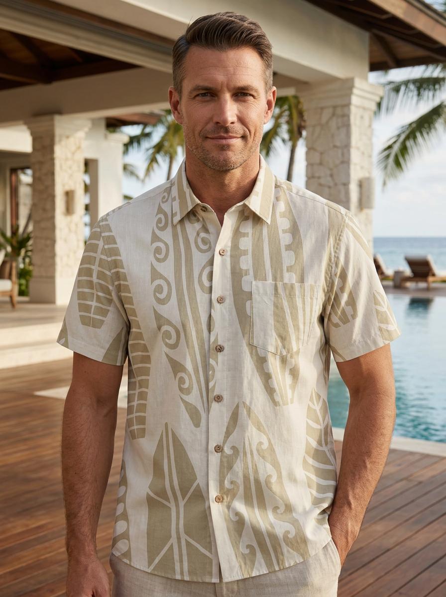 LeosWare® Men's Hawaiian Shirt Short Sleeve Button-up 95% Polyester, 5% Spandex Aloha Surf The Dunes