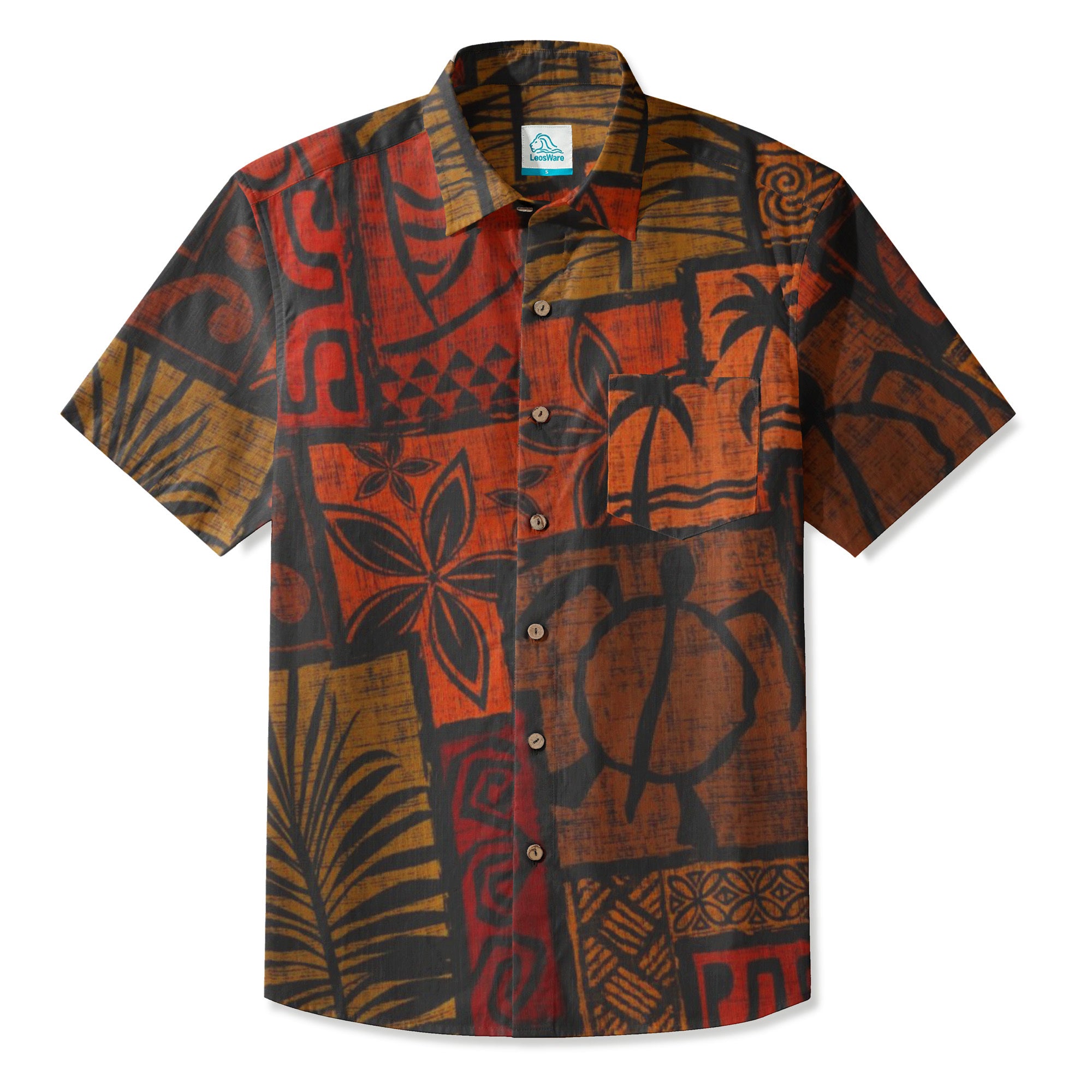 LeosWare® Men's Hawaiian Shirt Short Sleeve Button-up Breathable & Quick-Dry Aloha Tiki Mood(Teal Green)
