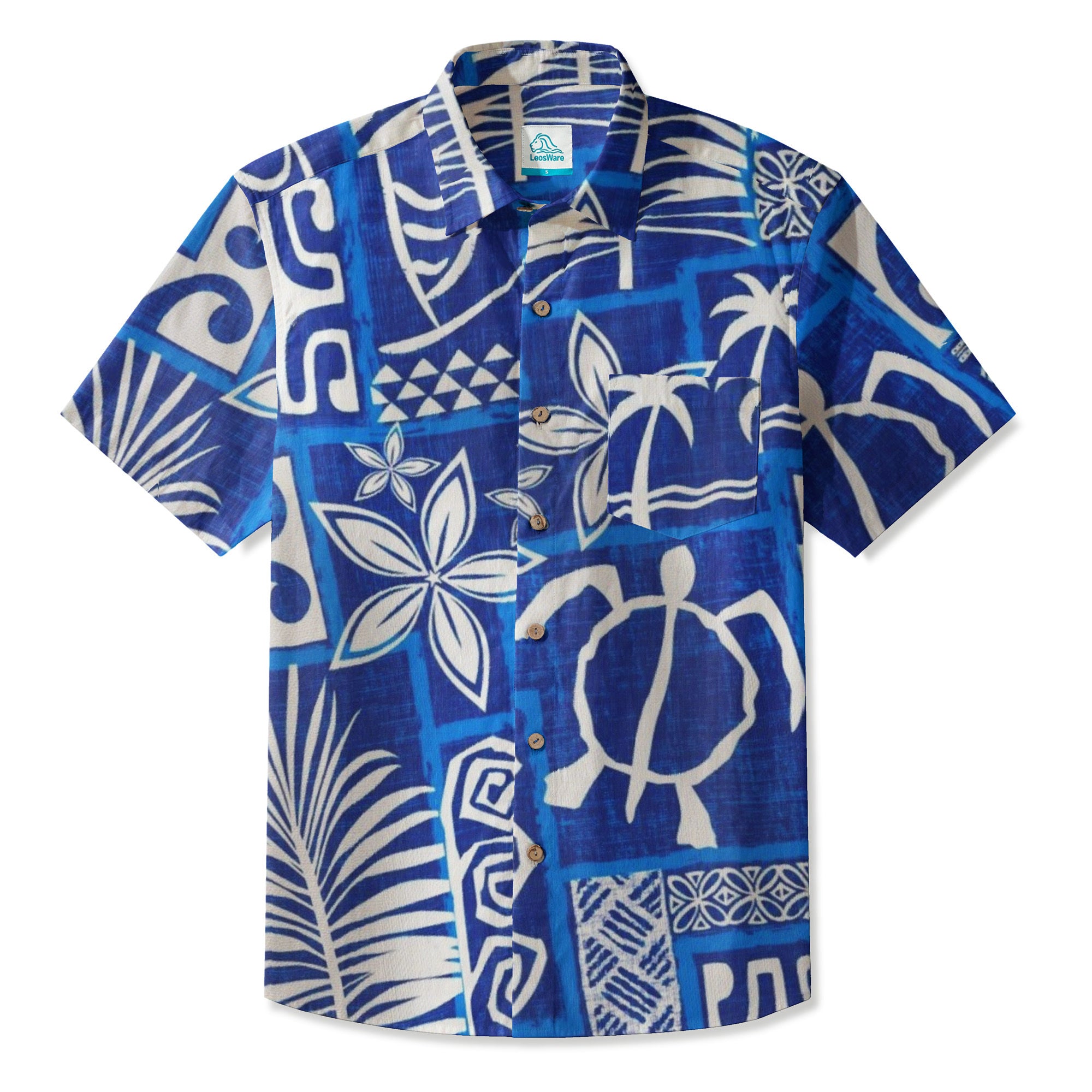 LeosWare® Men's Hawaiian Shirt Short Sleeve Button-up Breathable & Quick-Dry Aloha Tiki Mood(Midnight Blue)