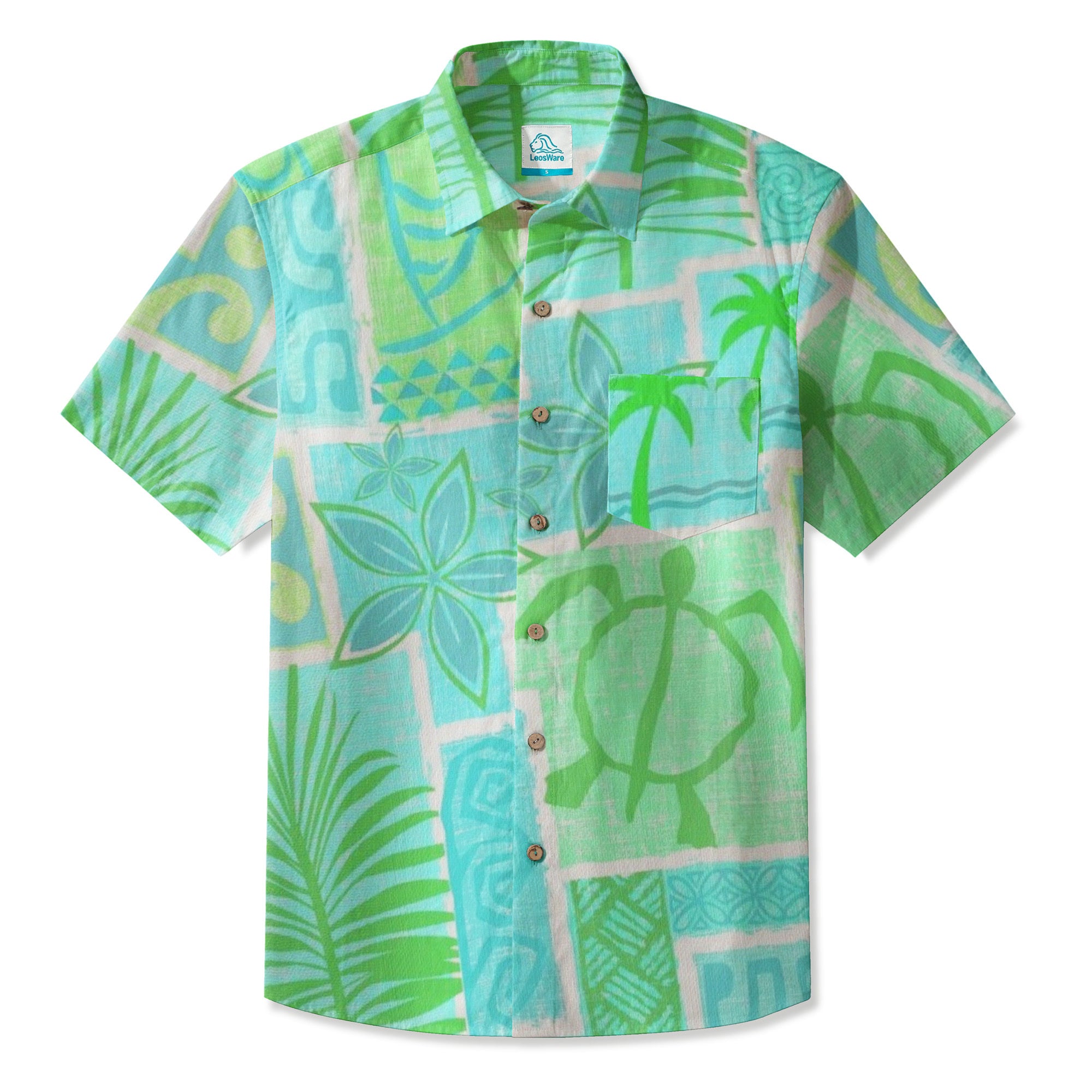 LeosWare® Men's Hawaiian Shirt Short Sleeve Button-up Breathable & Quick-Dry Aloha Tiki Mood(Teal Green)