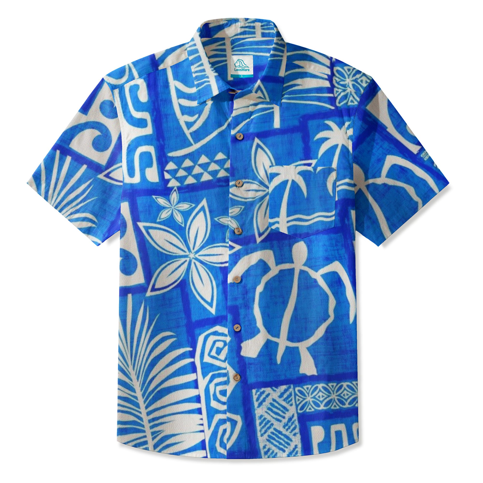 LeosWare® Men's Hawaiian Shirt Short Sleeve Button-up Breathable & Quick-Dry Aloha Tiki Mood(Midnight Blue)