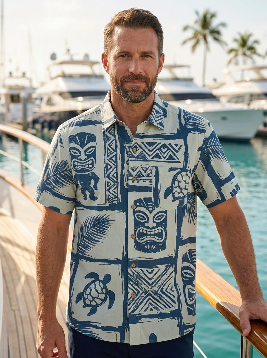 LeosWare® Men's Hawaiian Shirt Short Sleeve Button-up 95% Polyester, 5% Spandex Aloha Tiki Paradise
