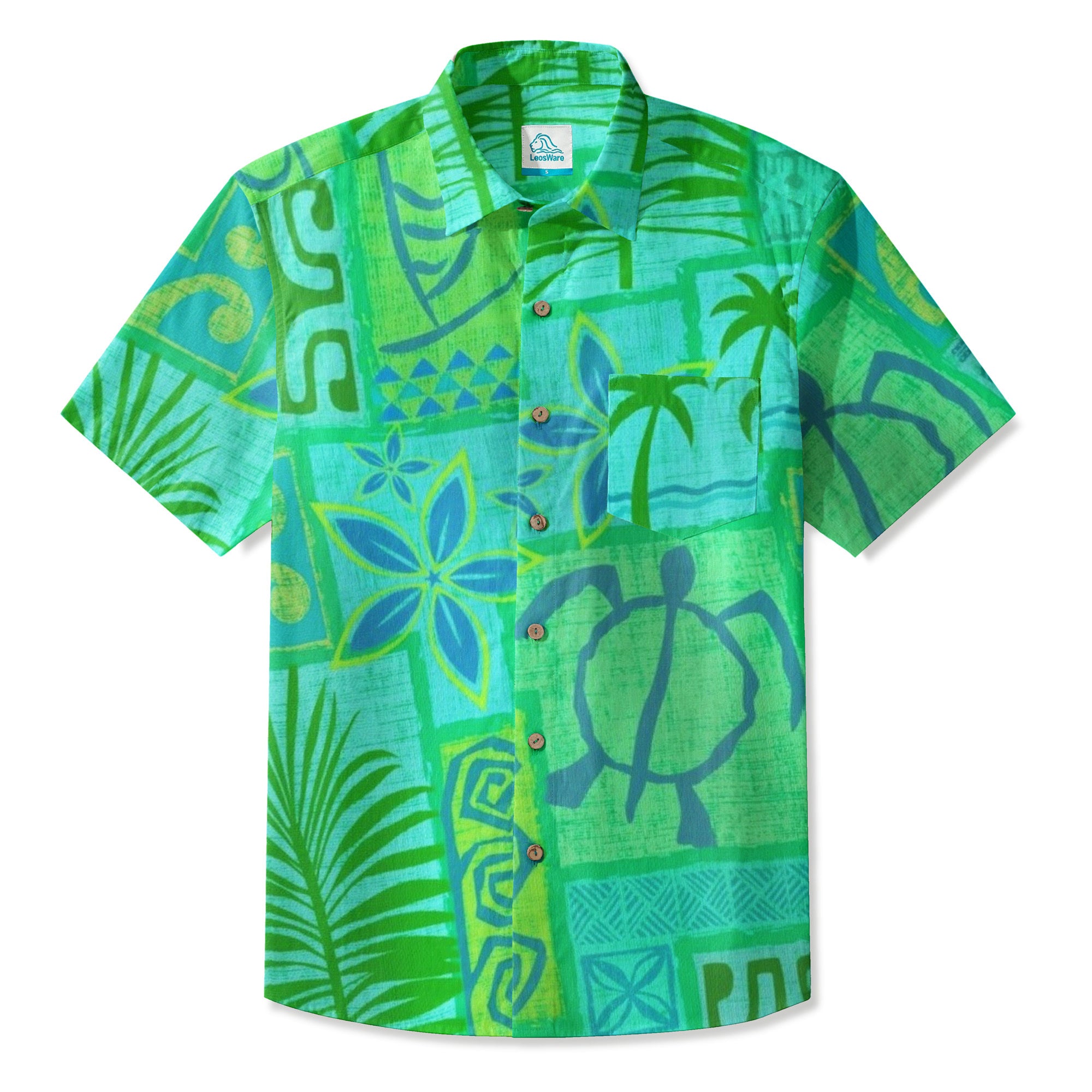 LeosWare® Men's Hawaiian Shirt Short Sleeve Button-up Breathable & Quick-Dry Aloha Tiki Mood(Teal Green)